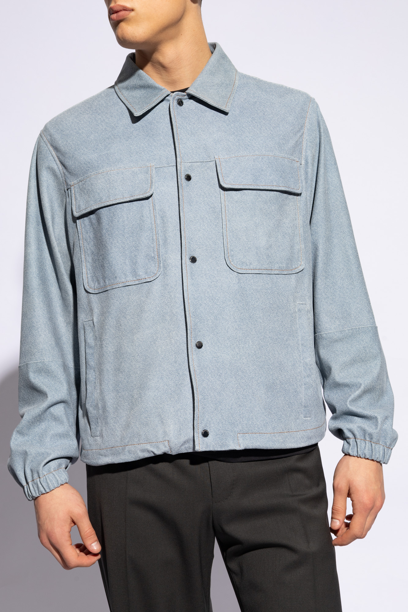 Emporio armani wool long sleeve button up shirt Blue Leather jacket Emporio armani wool SchaferandweinerShops Armenia